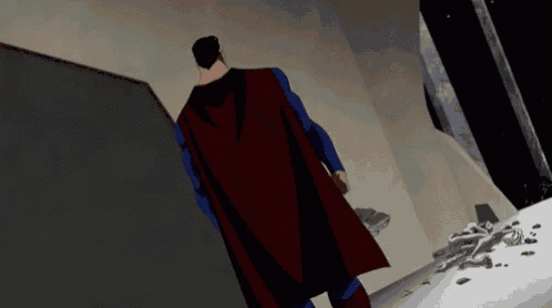 a cartoon of superman standing in a room .