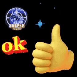 a yellow hand is giving a thumbs up in front of a sniper family logo .