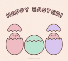 a happy easter greeting card with three eggs and a cat coming out of one of them .