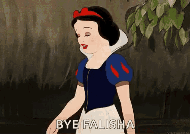 a cartoon of snow white saying `` bye falisha '' .
