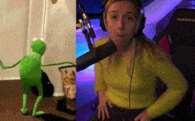 kermit the frog and a woman wearing headphones are shown next to each other
