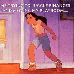 a cartoon girl is standing in a room and trying to juggle finances and move her playroom .