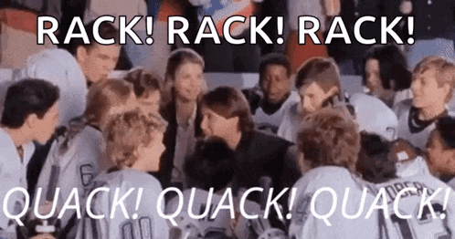 a group of hockey players are huddled together in a huddle with the words rack rack rack quack quack quack