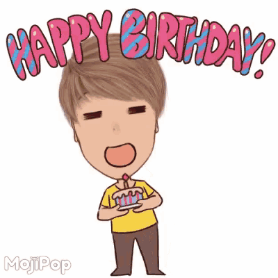 a cartoon of a man holding a birthday cake with the words `` happy birthday '' written on it .