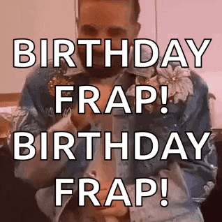 a man in a denim jacket is saying `` birthday frap ! birthday frap ! '' .