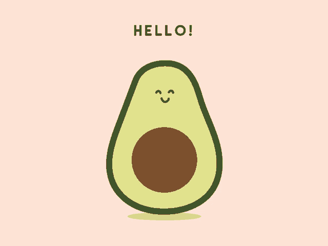 a cartoon avocado with a face and the words hello on the bottom