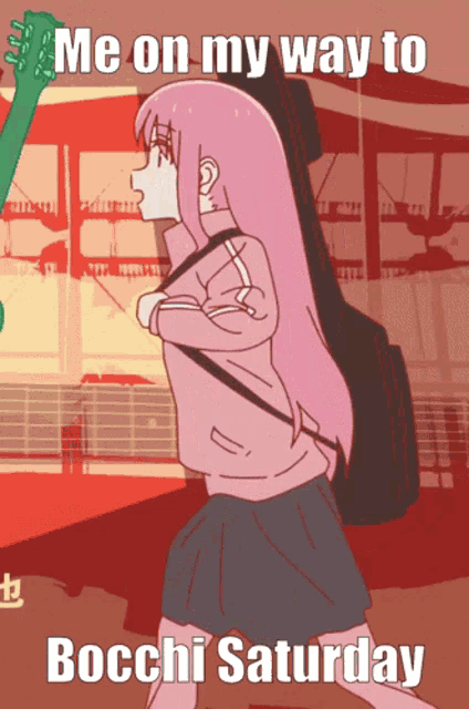 a girl with long pink hair is walking with a guitar and the words me on my way to bocchi saturday