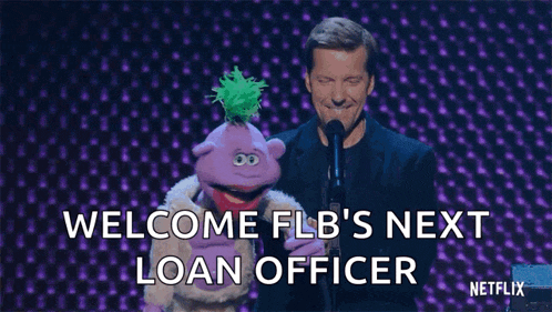 a man stands in front of a microphone next to a puppet that says welcome flb 's next loan officer netflix
