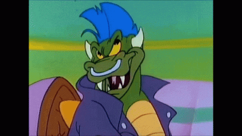 a cartoon character with a blue mohawk is smiling and wearing a purple jacket