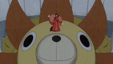 a cartoon character in a red coat with a belt that says ' l ' on it