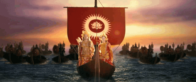a red flag with a lotus on it is floating in the water