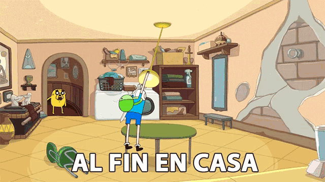 a cartoon of a room with the words al fin en casa on the bottom