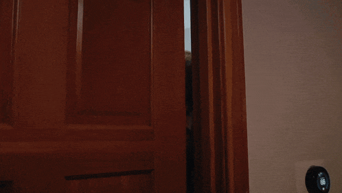 a man peeking out from behind a door with a thermostat on the wall
