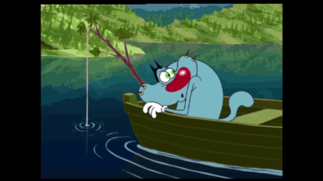 a cartoon of a cat in a boat with a fishing rod