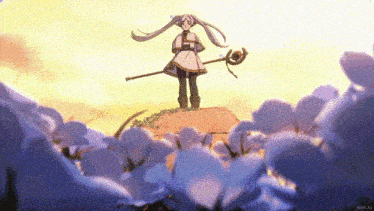 a girl with long hair is standing on top of a hill holding a wand .