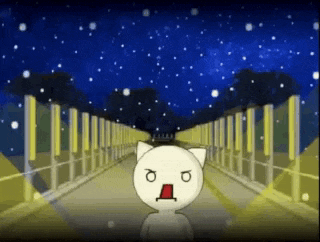 a cartoon cat with an angry face is standing on a bridge under a starry sky