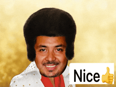 a man with a big afro and a sign saying nice