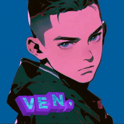 a drawing of a boy with a purple block that says ven on it