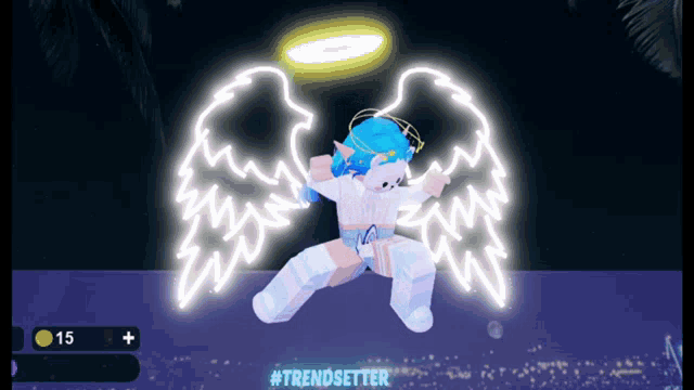 a video game character with glowing wings and a halo says trendsetter on the bottom