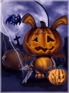 a cartoon of a pumpkin with bunny ears and a bat flying in the background