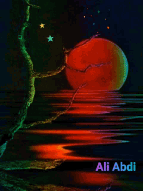 a colorful painting of a full moon with the name ali abdi on the bottom