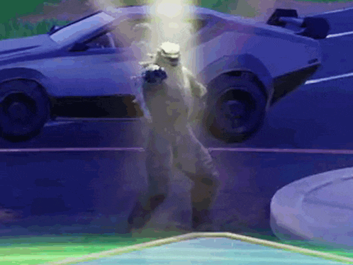 a man in a white suit is standing in front of a car in a video game .
