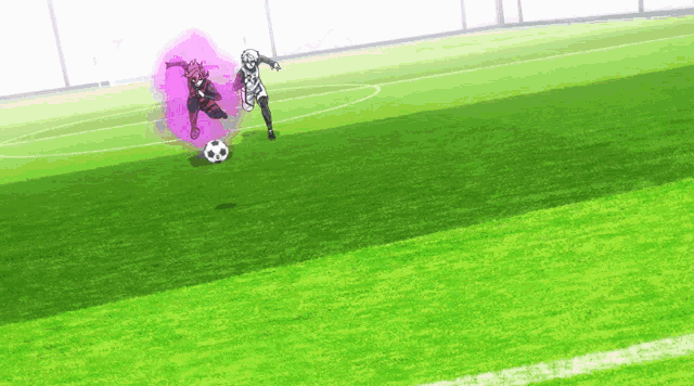 two people are playing soccer on a field and one of them has a purple aura