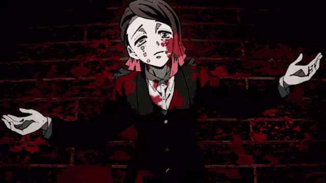 a person with blood on their face is standing in front of a brick wall with their arms outstretched