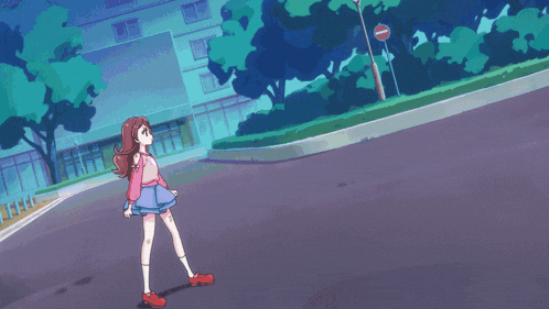 a girl is standing in front of a purple shield with a no entry sign behind her