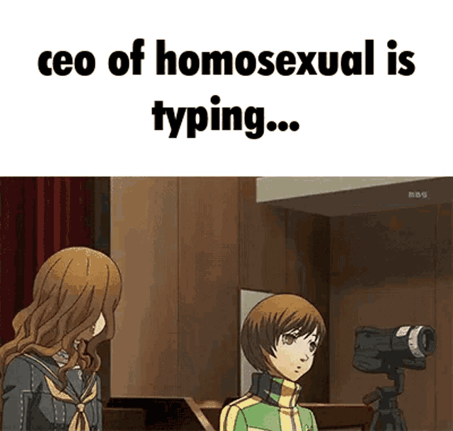 two anime girls are standing next to each other in front of a camera and the words `` ceo of homosexual is typing ... ''