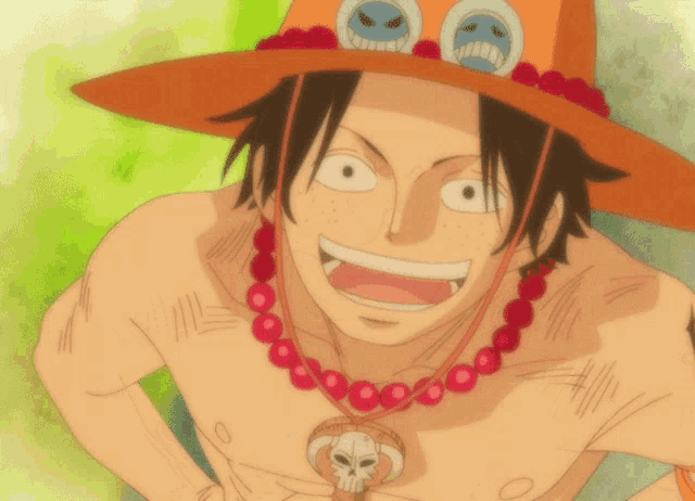 a cartoon character wearing a hat and a necklace with a skull on it