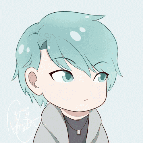 a drawing of a person with blue hair and a question mark above their head