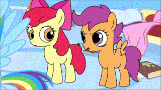 two cartoon ponies are standing next to each other in a room