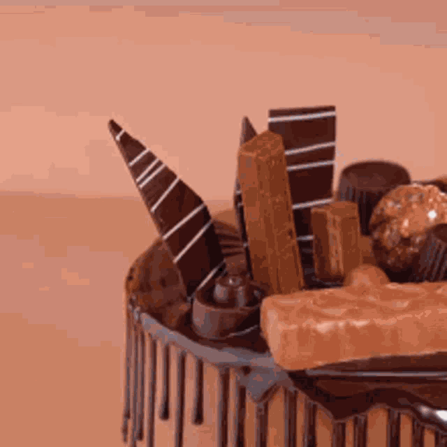 a close up of a chocolate cake with chocolate decorations on top
