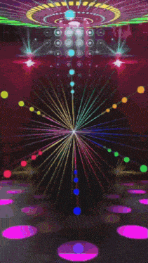 a computer generated image of a disco ball with a rainbow of lights