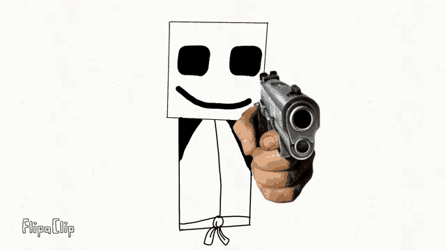 a person is holding a gun in front of a drawing of a box with a face on it .