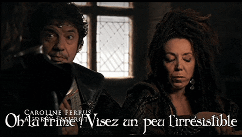 a man and a woman standing next to each other with the words oh la frime visez un peau l'irresistible above them