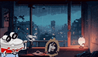 a cartoon character is smoking a cigarette in front of a window with a city in the background