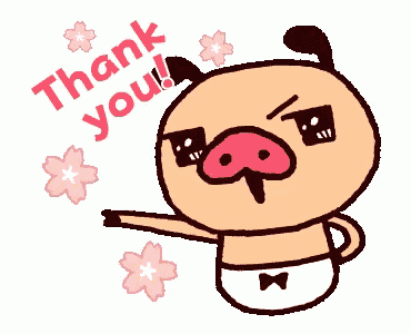 a cartoon pig in a diaper says thank you with pink flowers