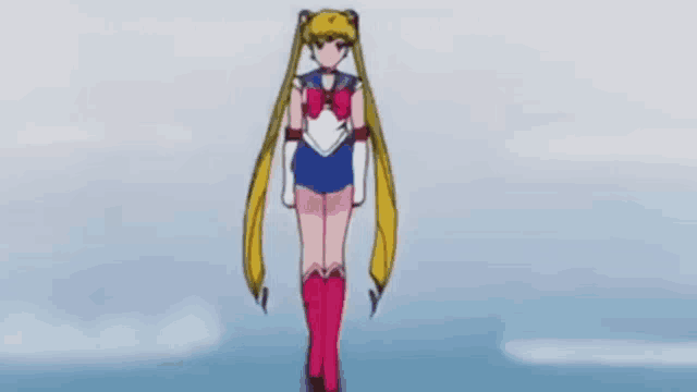 sailor moon from sailor moon is walking on a blue background .