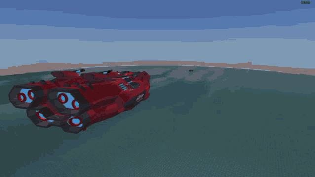 a red space ship is flying over a body of water with a blue sky behind it