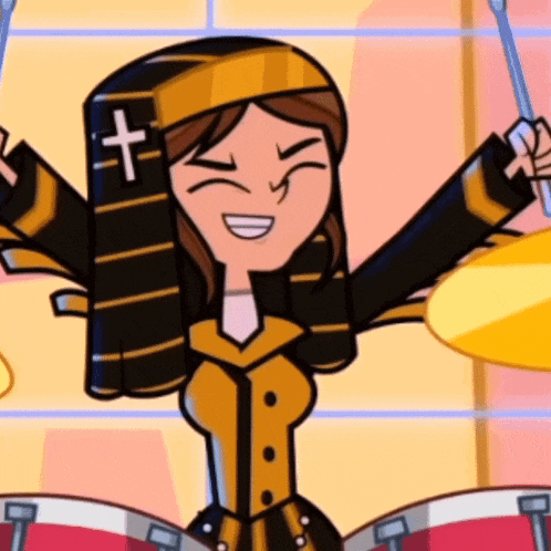 a cartoon character with a cross on her head is holding a drum stick