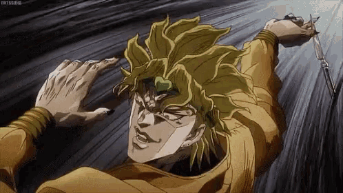 dio from jojo 's bizarre adventure is holding a chain around his neck and a sword .