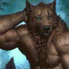 a painting of a werewolf without a shirt with his hands behind his head