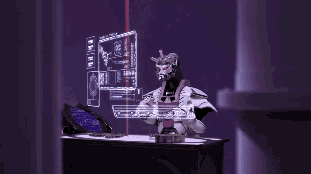 a robot is sitting at a desk with a screen behind him that says ' x-ray '