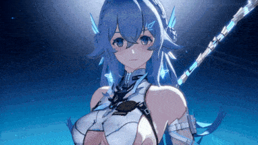 a girl with long blue hair is holding a stick