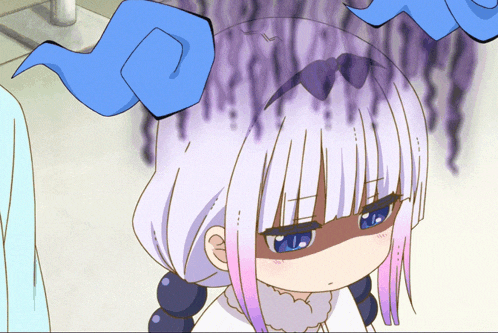 a girl with purple hair and blue horns has a shadow on her face