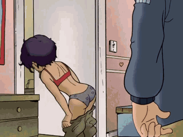 a cartoon of a woman taking off her pants while a man stands behind her