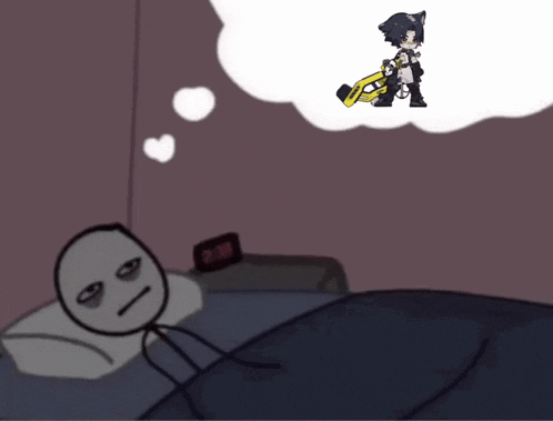 a cartoon drawing of a person laying in bed with a clock on the nightstand above them