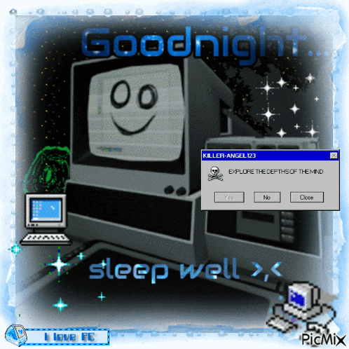 a computer screen with a smiley face on it says goodnight sleep well